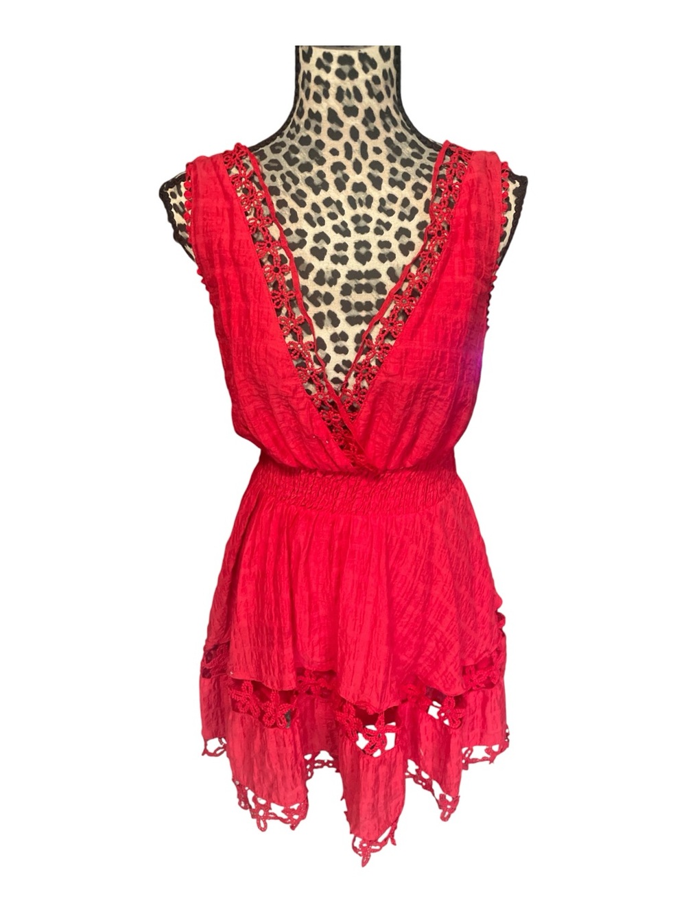 L'ATISTE Red Crochet-Trim V-Neck Mini Dress